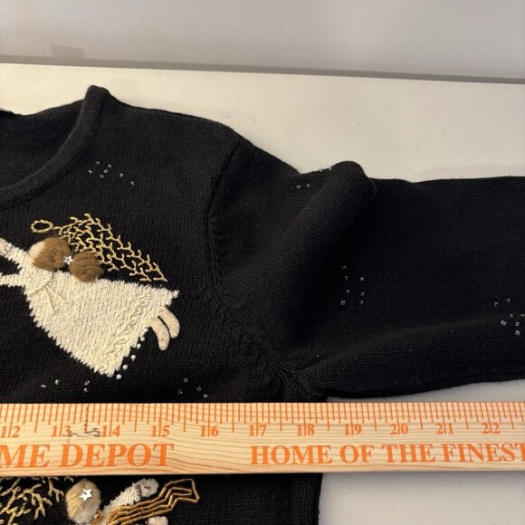 Carroll Reed Black Embroidered Angel Cardigan Beaded Size Medium Holiday Winter - Picture 11 of 13